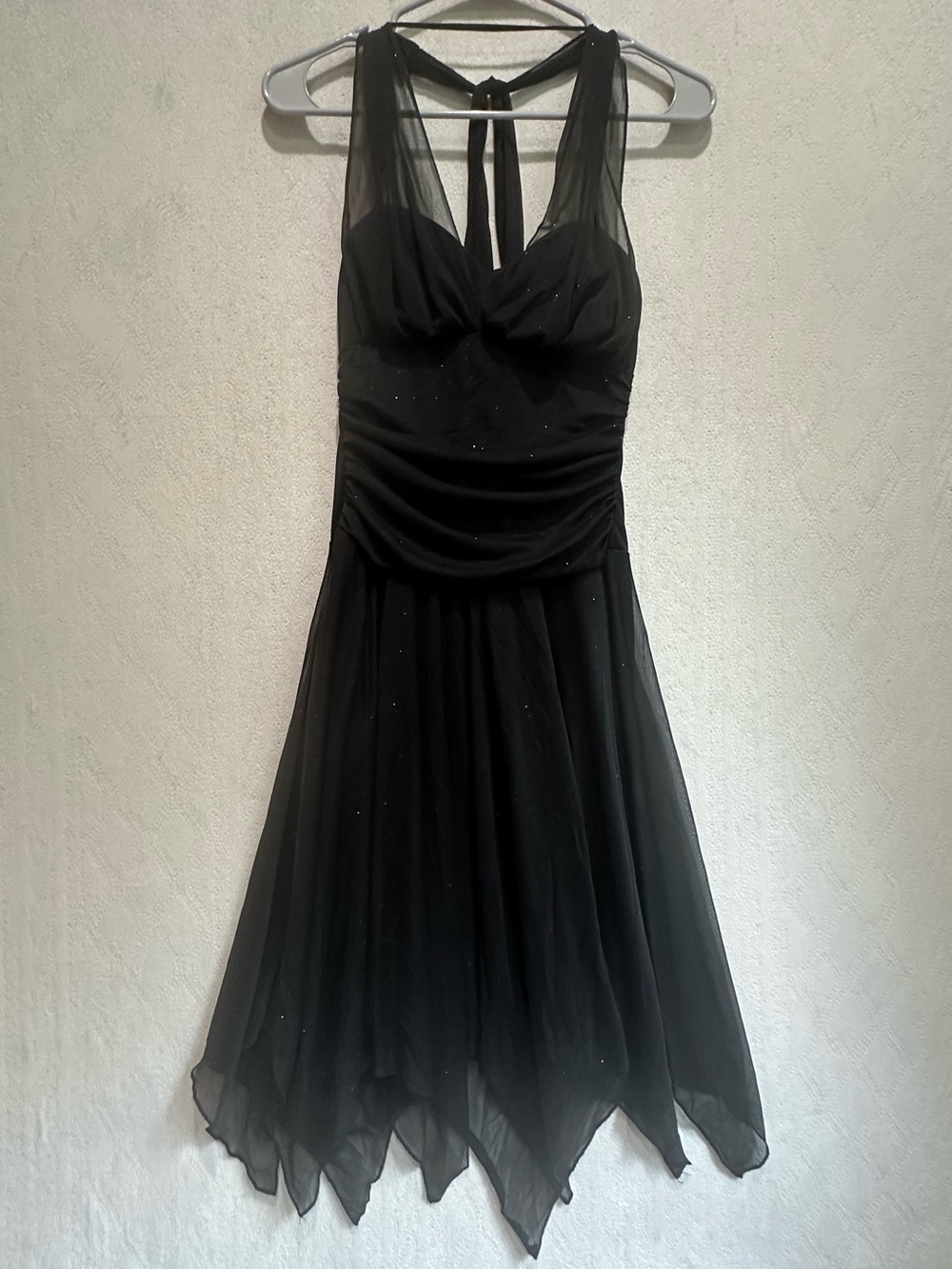 Y2K Speechless Black Sparkly Mesh Halter Whimsigoth Dress Handkerchief Hem Sz S
